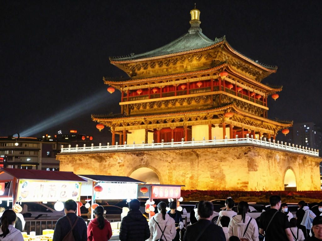 西安钟楼夜景美食街