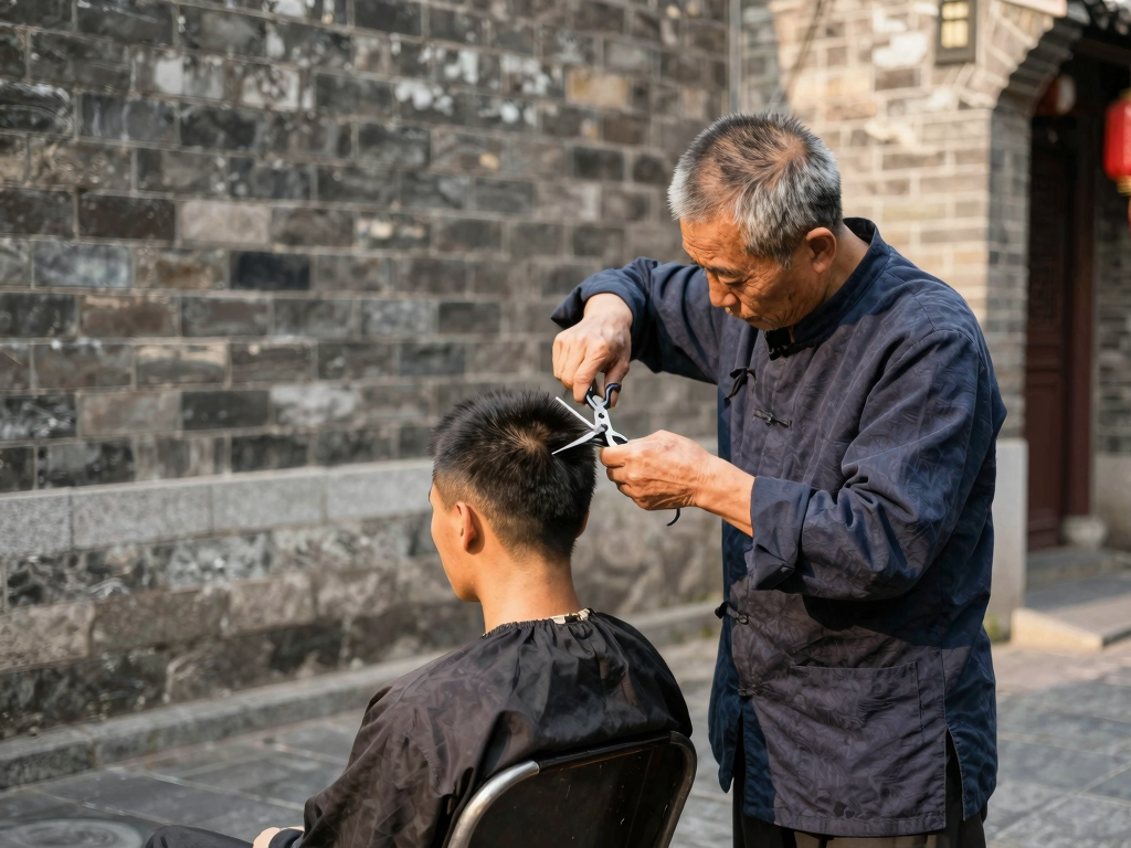 老师傅在城墙根下理发