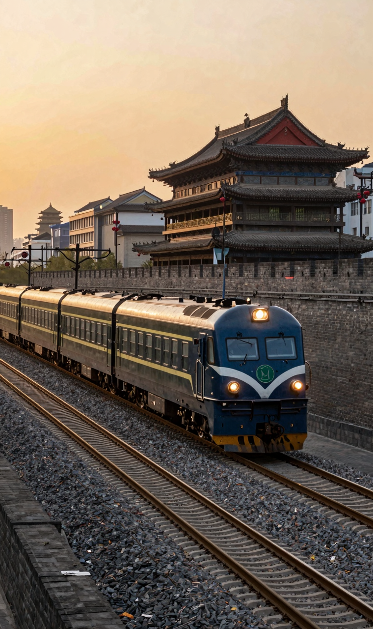 火车从城墙下穿行
