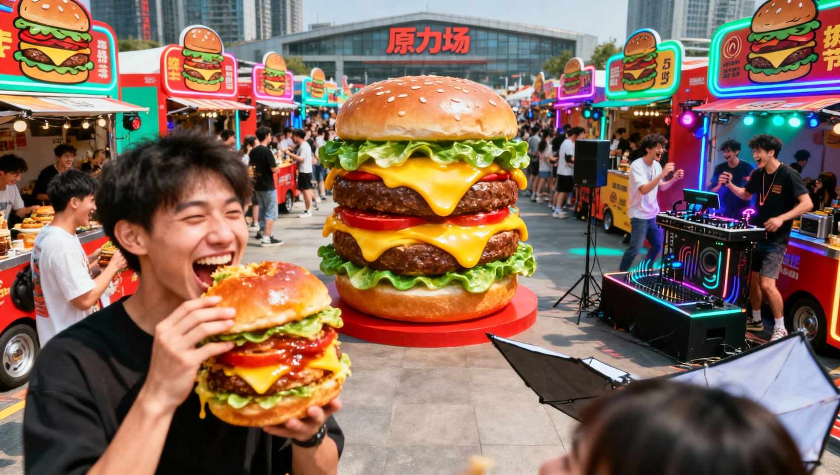 老钢厂设计创意产业园疗愈市集：红砖工业建筑内暖黄色灯光，手作摊位，人群参与枕头大战和拼豆活动