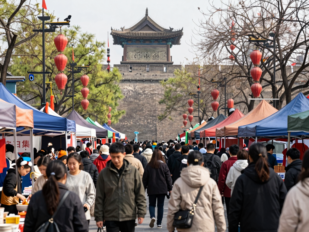 西安城墙下早市全景